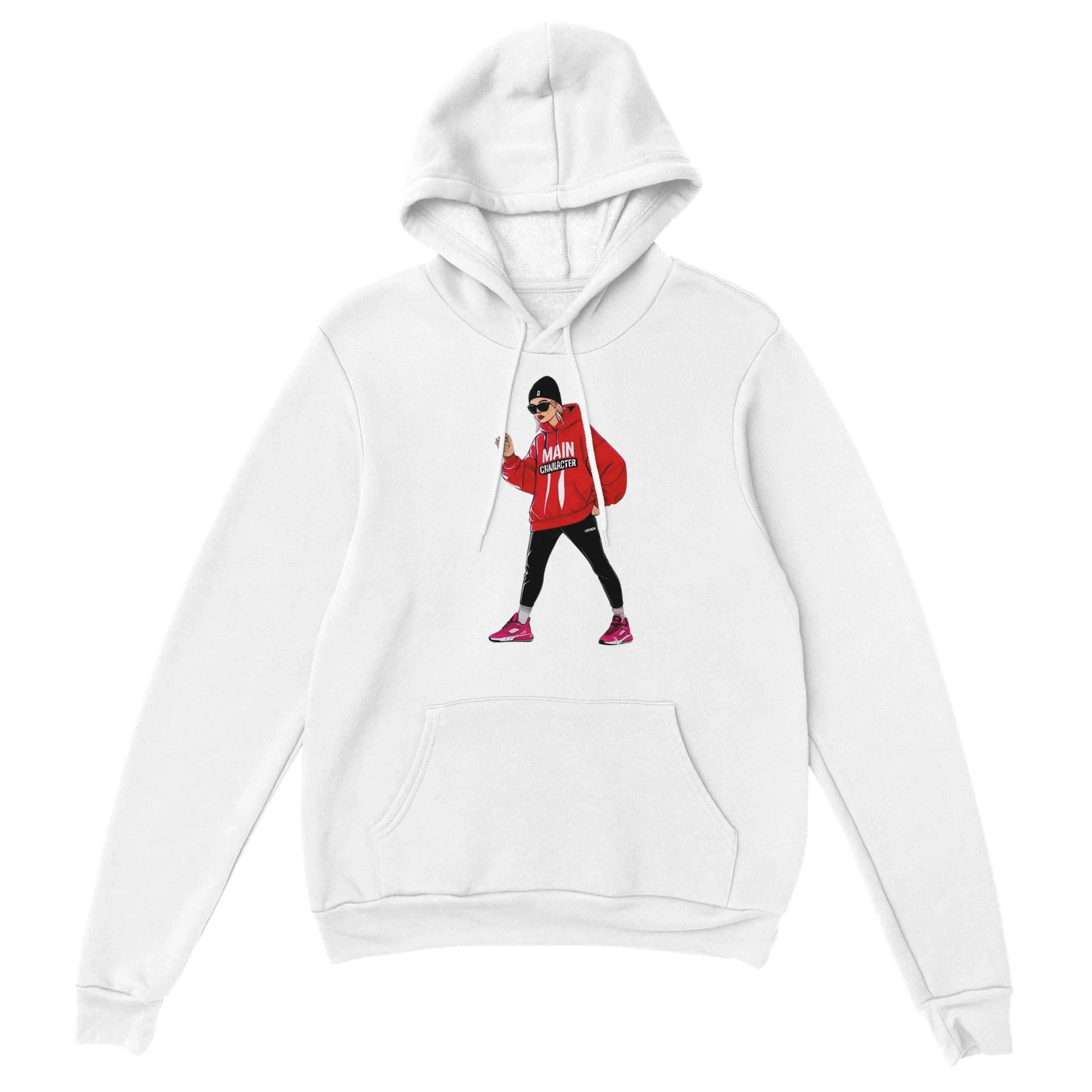 Classic unisex pullover hoodie in white with a graphic design, featuring a soft cotton-polyester blend and front pouch pocket.