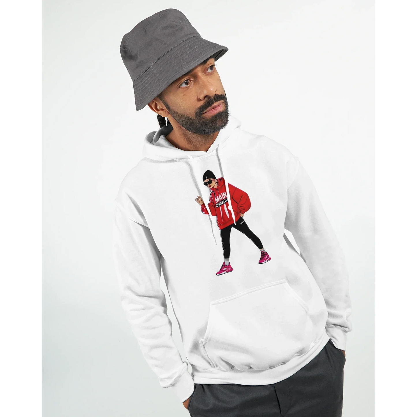 Classic unisex pullover hoodie in white with stylish graphic design, featuring double-lined hood and front pouch pocket.