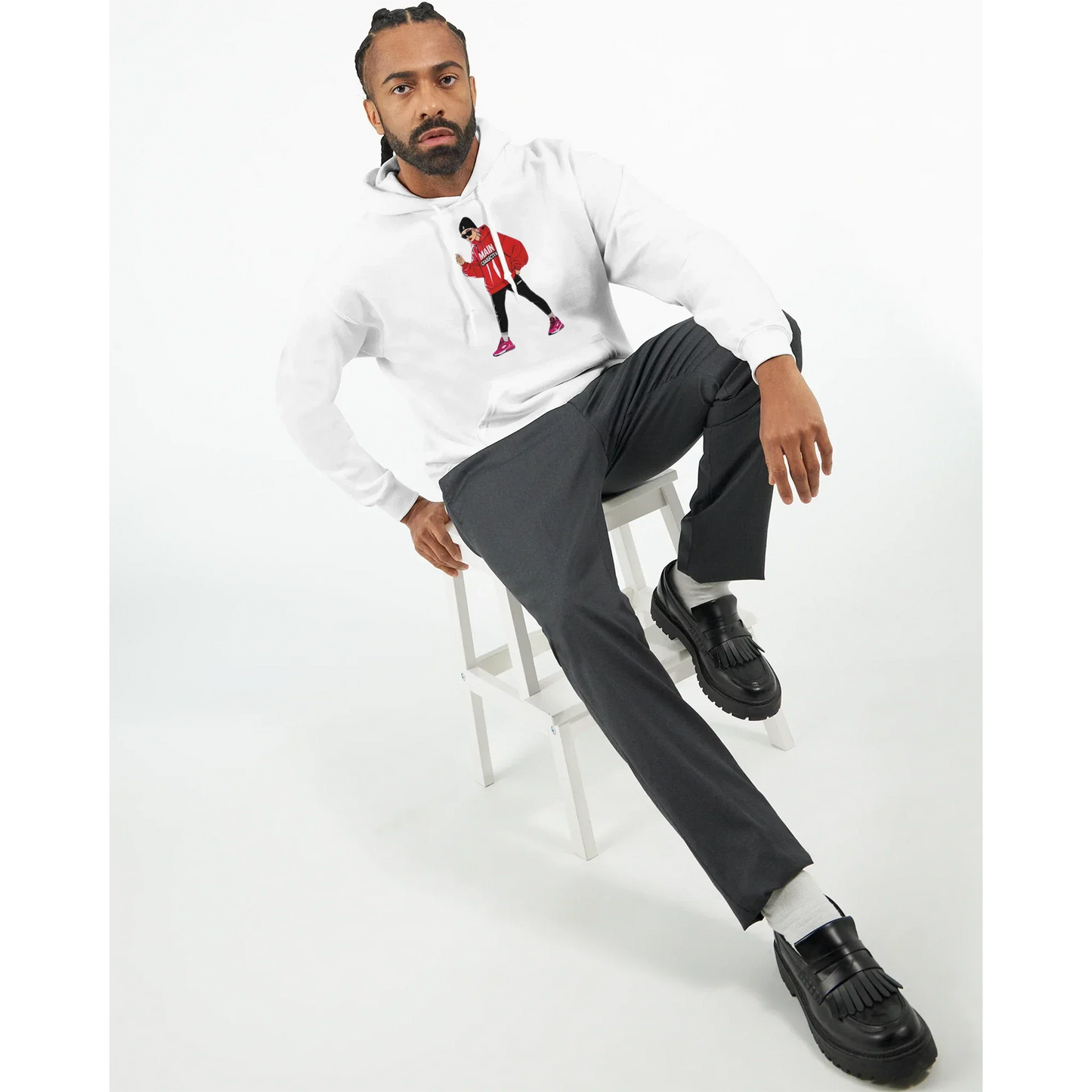 Classic unisex pullover hoodie in white by Gildan, featuring a vibrant front graphic.