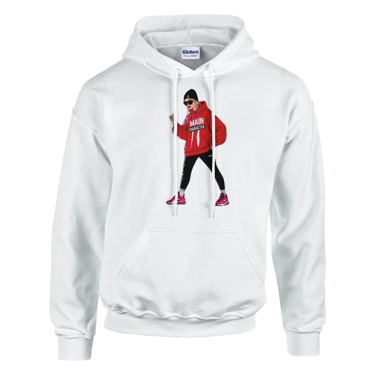 Classic unisex pullover hoodie, white, Gildan 18500, front design, featuring double-lined hood and pouch pocket.