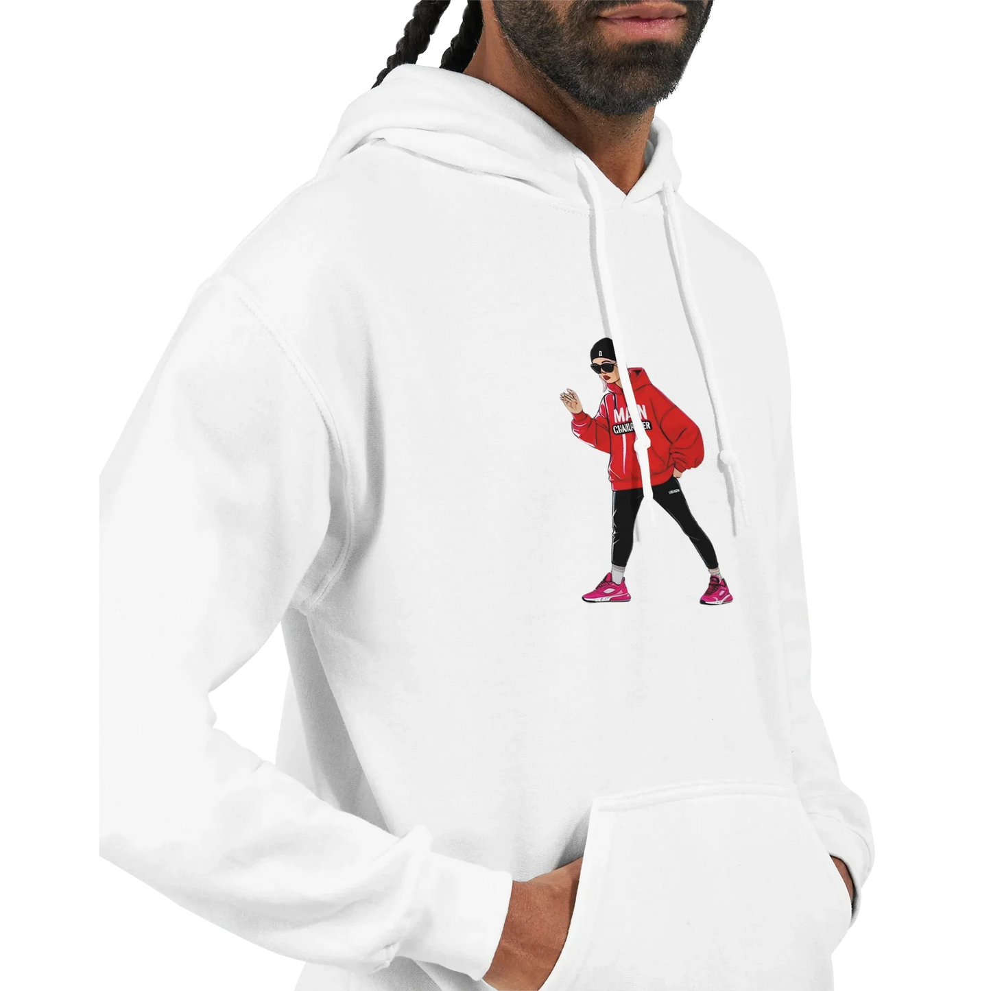 White unisex pullover hoodie with graphic design, featuring a soft cotton-polyester blend.