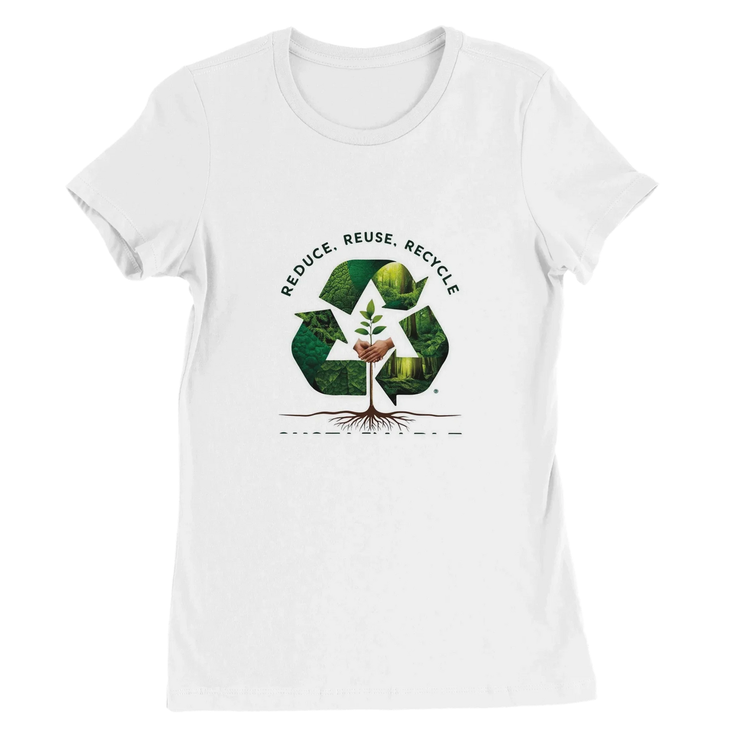 Premium women's crewneck t-shirt with eco-friendly recycle design, made from 100% Airlume cotton.